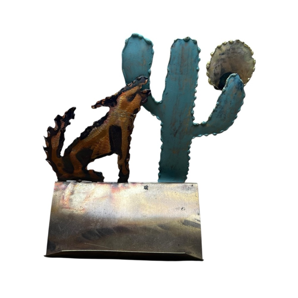 Business Card Holder Southwestern Metal – Coyote, Cactus & Sun Rustic Desk Decor
